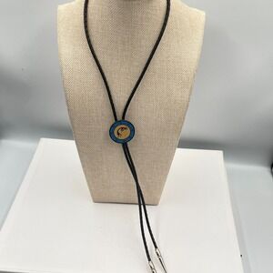 Kokopelli Bolo Tie Southwestern Wood Inlay Pendant Braided Leather Cord Western